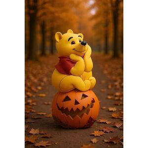 Disney Wooden Winnie the Pooh Metal Jack O Lantern Pumpkin Halloween Table Shelf